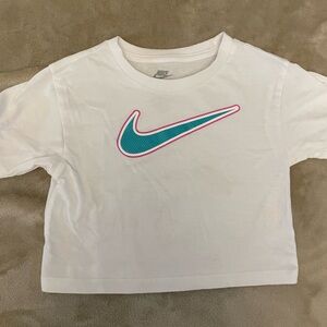 Nike Kids White Tee with Teal and Pink Swoosh